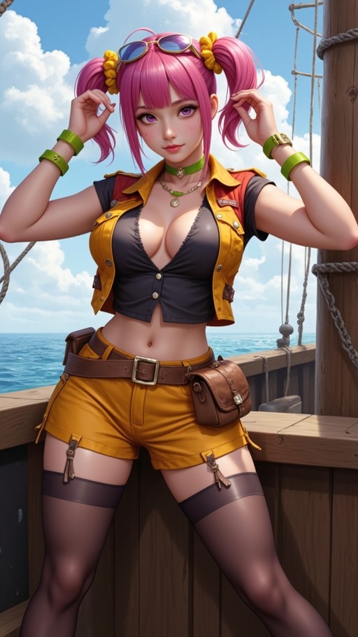 An anime-style illustration of a pink-haired girl with twintails standing on the deck of a wooden ship, wearing a yellow jacket and shorts against an ocean backdrop.