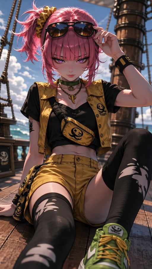 Pink-haired anime girl sitting on a ship deck adjusting her sunglasses