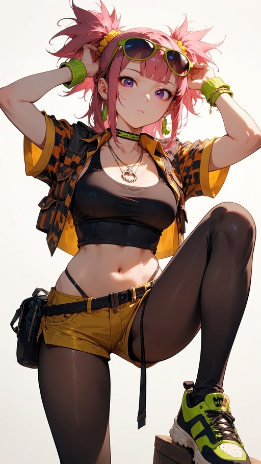 Anime-style illustration of a young woman with pink twintails and purple eyes, wearing a patterned jacket, black crop top, yellow shorts, and black pantyhose while holding sunglasses on her head.