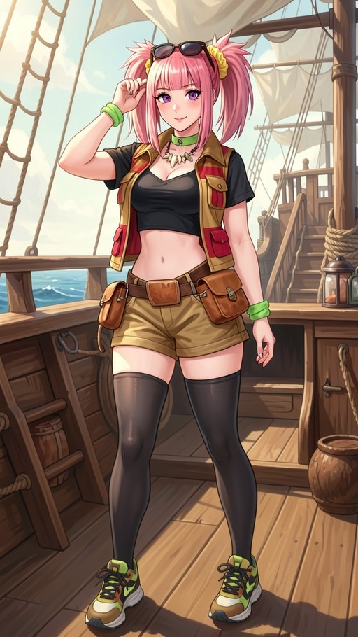 A full-body illustration of the Pokémon character Hilda standing on a wooden ship deck, wearing a brown vest and black thigh-highs.