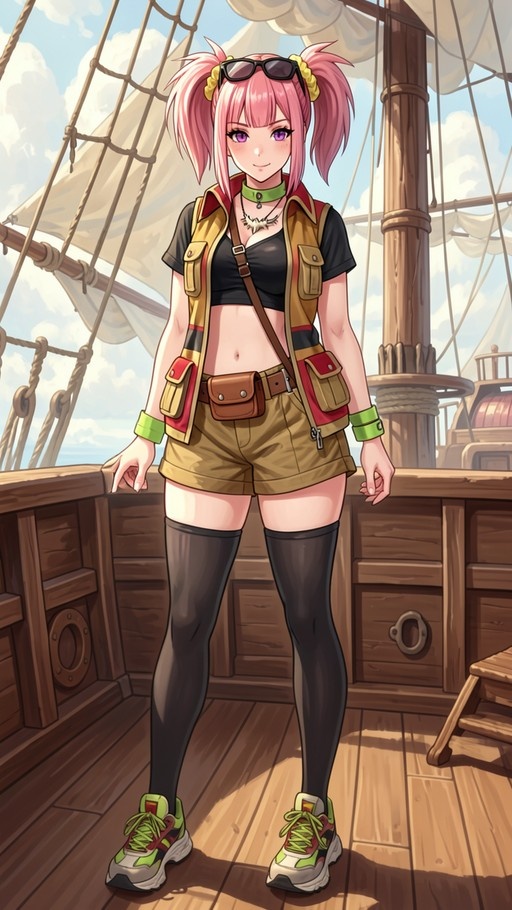 Anime character Misty from Pokémon standing on a wooden ship deck wearing a tan vest, black crop top, brown shorts, and thigh-high socks.