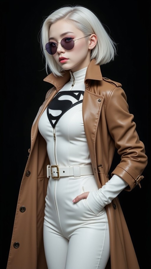 A woman with short platinum blonde hair wearing sunglasses, a white bodysuit with a black S-shield logo, and an open brown leather trench coat.