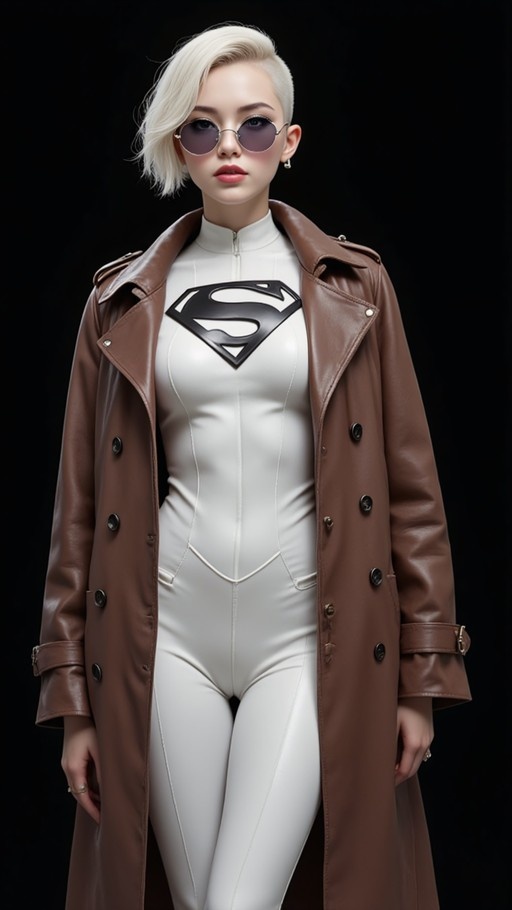 A woman with short platinum blonde hair and round sunglasses stands against a black background wearing a tight white bodysuit featuring the Supergirl logo and an open brown leather trench coat.