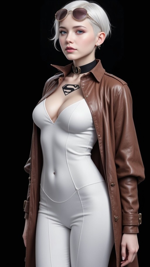 A realistic portrait of a woman with short white hair and blue eyes wearing sunglasses on her head, a tight white bodysuit revealing a Superman logo tattoo on her chest, and an open brown leather trench coat against a black background.