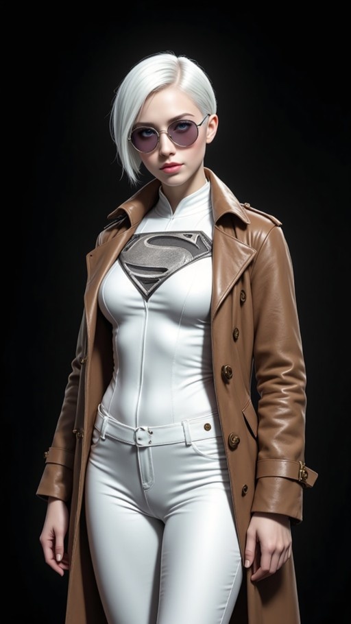 A white-haired woman in sunglasses wearing a brown trench coat over a white superhero suit with an S-emblem.