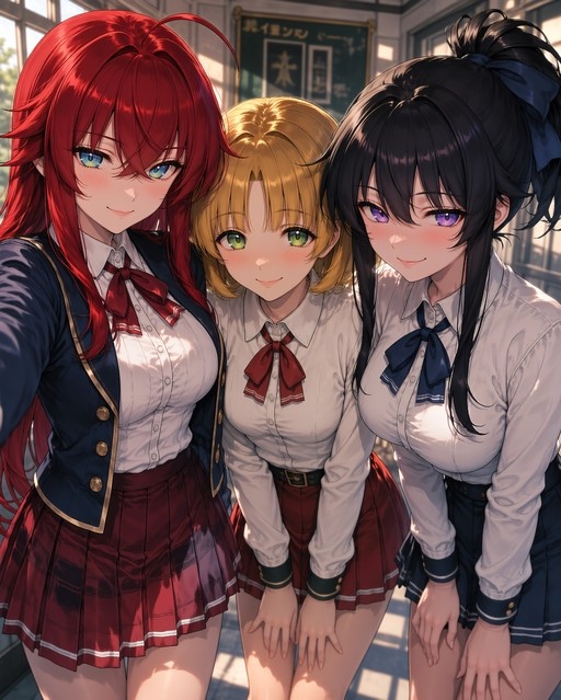 Rias Gremory and two friends in school uniforms smiling at the camera.