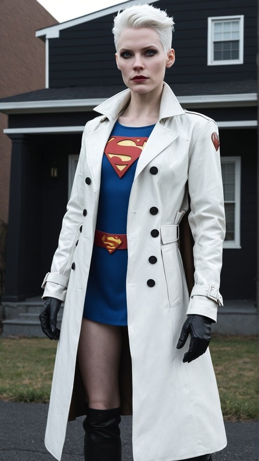 A woman with short white hair stands outdoors wearing a Supergirl costume with a blue bodysuit, red 'S' shield, and a long white trench coat.
