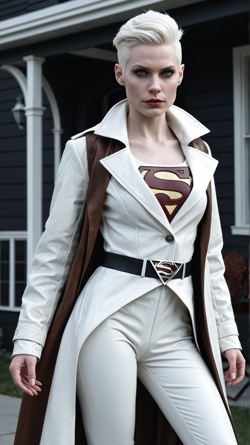A realistic woman with short white hair wearing a white Supergirl costume and long coat.