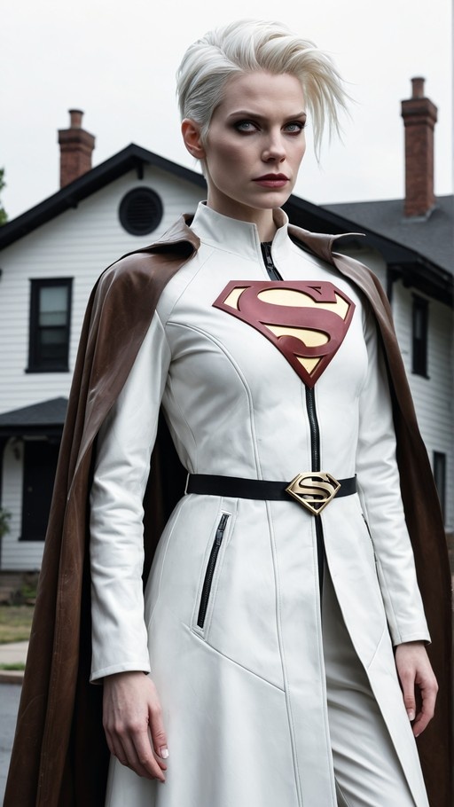 A realistic image of Supergirl with short white hair wearing a white suit and brown cape standing outside a house.