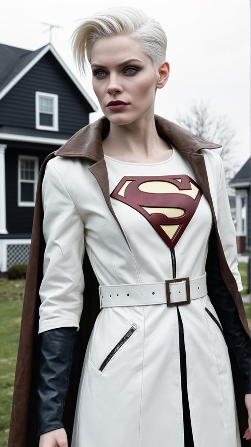 A realistic portrait of the superhero Supergirl wearing a white trench coat with a brown cape and the red and yellow S-shield on her chest, standing in front of a house.