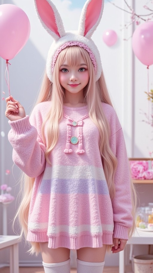 A young woman with long blonde hair wearing a fluffy white bunny hat and a pink striped sweater dress holds a pink balloon while smiling at the camera.
