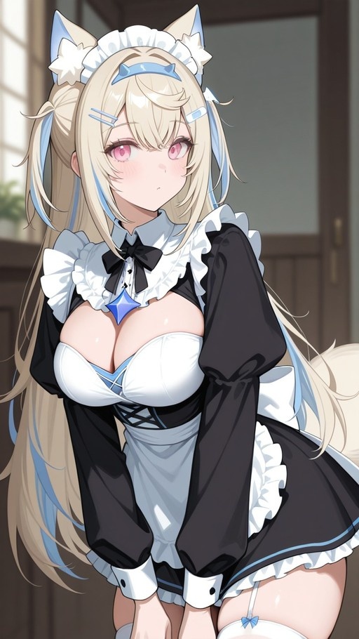 Fuwawa Abyssgard in a black and white maid outfit with dog ears.