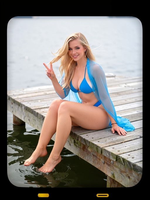 Smiling blonde woman in blue bikini sitting on wooden dock dipping feet in water and making peace sign