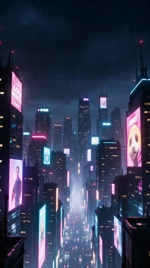 A fluffy pink platypus with headphones holds a burger while a woman in glasses sneaks up behind it, flanked by two black cats in a neon city.