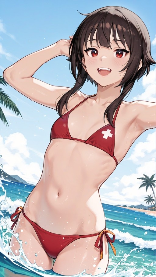 Megumin from Konosuba wearing a red bikini with a white cross, standing in ocean water with splashing waves and palm trees in the background.