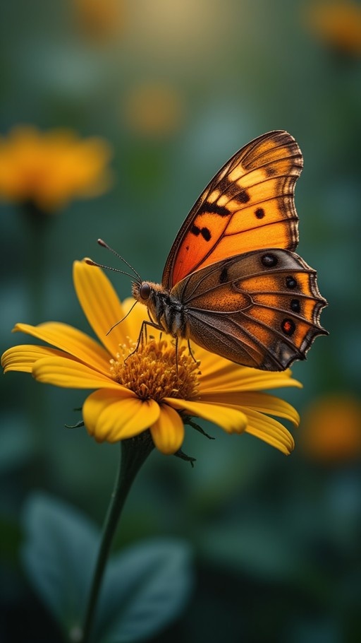 An orange and brown butterfly resting on a yellow flower with a blurred green background