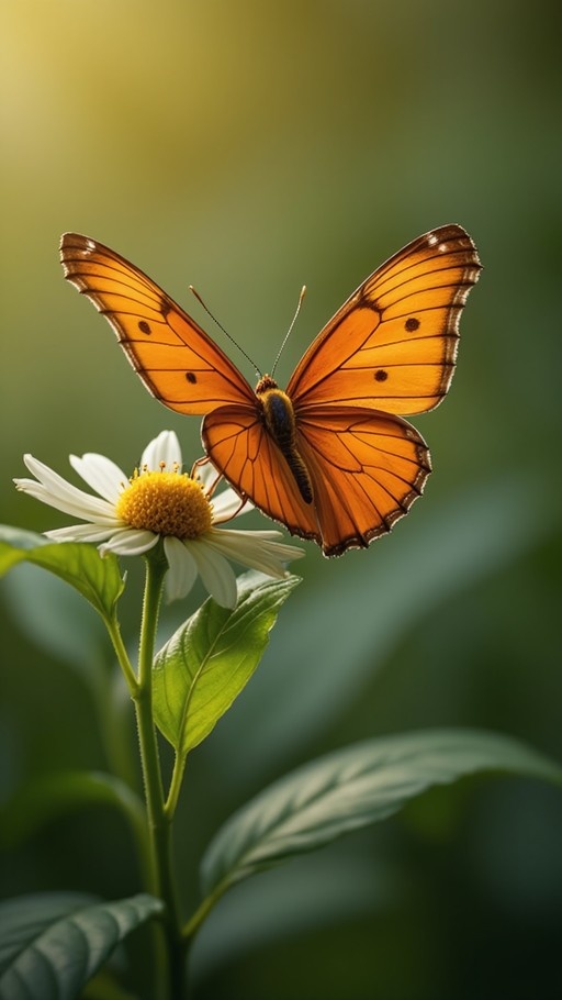 An orange butterfly with black spots rests on a white daisy flower against a blurred green background.