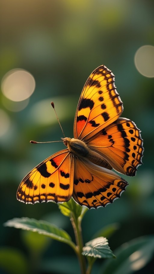 An orange and black butterfly resting on a green plant stem with a blurred background.