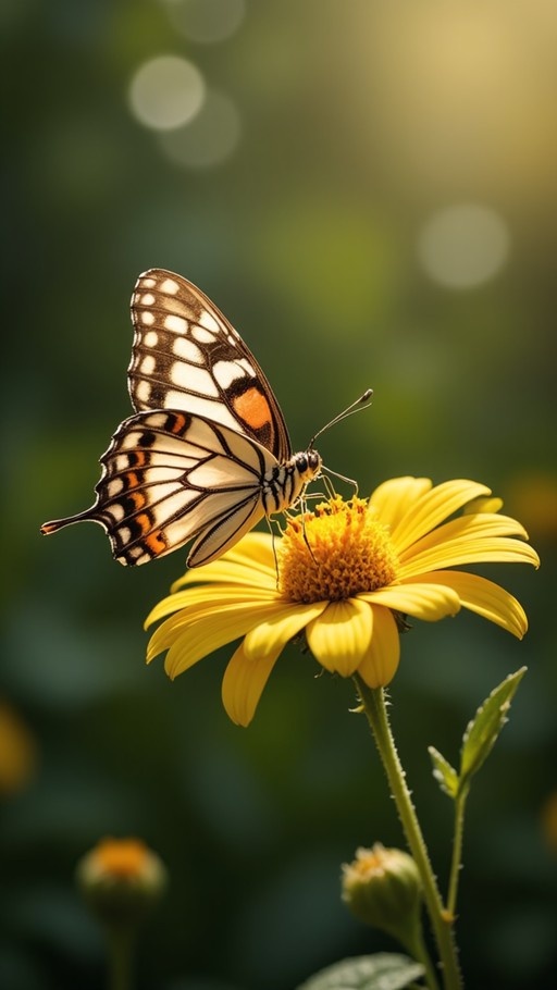 A butterfly with white, black and orange wings sits on a yellow flower against a green background.