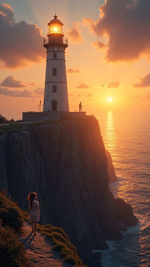 A woman in a light dress walks barefoot along a grassy path toward a white lighthouse perched on a rocky cliff overlooking the ocean during a vibrant sunset.