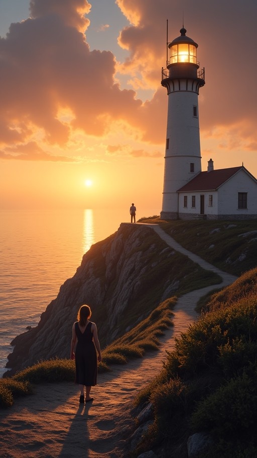 A woman in a black dress walks along a winding path toward a lit lighthouse on a cliff overlooking the ocean at sunset, with another figure standing in the distance.