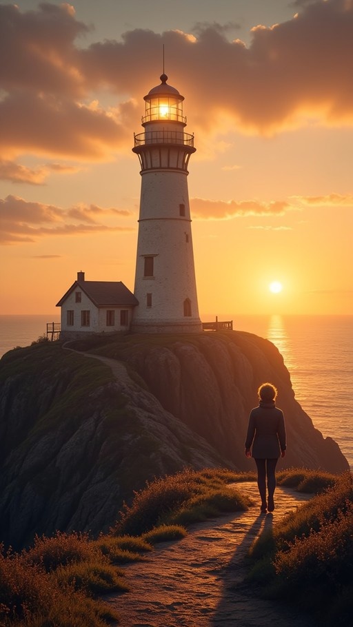 A solitary figure walks along a rocky path toward an illuminated lighthouse perched on a cliff overlooking the ocean during a vibrant sunset.