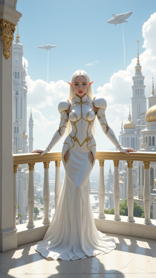 A full-body portrait of a white-haired elf in a white and gold armored gown standing on a balcony overlooking a fantasy city with flying ships.