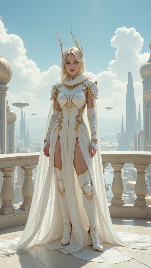 Blonde fantasy warrior in white armor standing on a balcony overlooking a futuristic city.