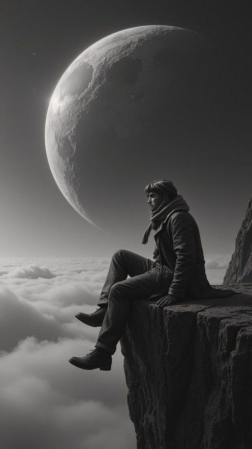A young man in a coat and scarf sits on the edge of a rocky cliff overlooking a vast sea of clouds, gazing up at a massive, detailed crescent moon in the dark sky.