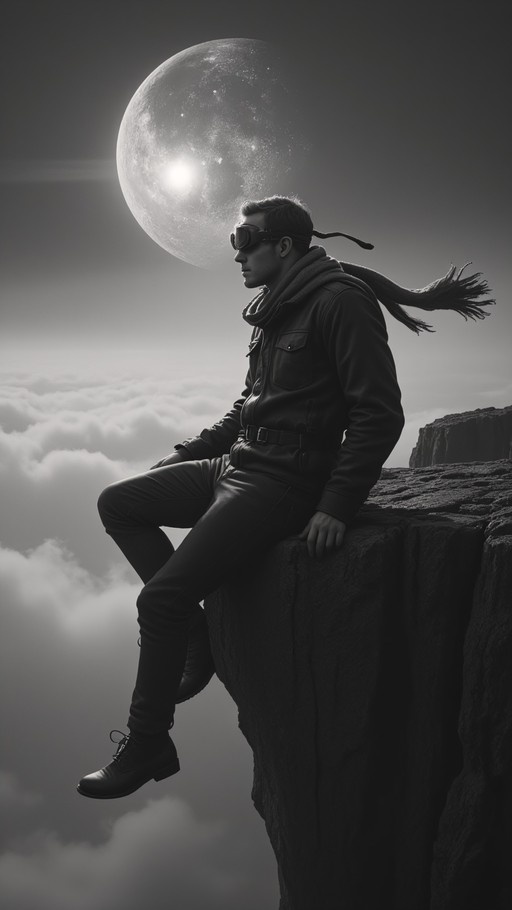A man in an aviator outfit with a scarf and goggles sits on the edge of a cliff overlooking clouds under a large moon.