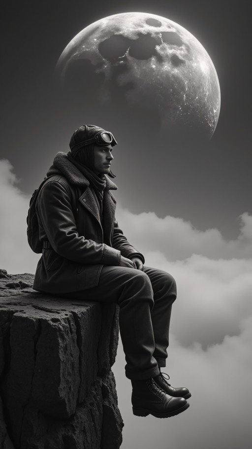 A man in a vintage leather flight jacket and goggles sits on the edge of a rocky cliff, looking out at a large full moon rising above the clouds in a monochrome scene.