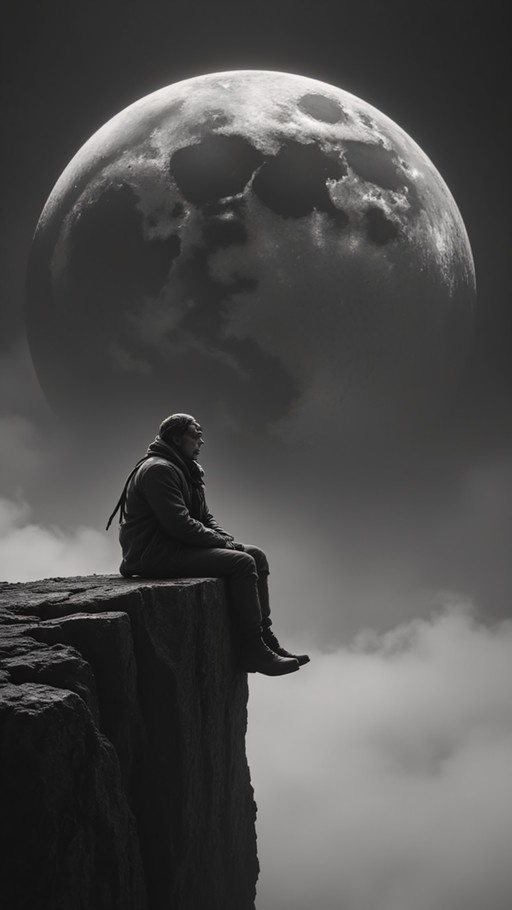 A man in a jacket sits on the edge of a cliff looking at a large moon with a skull-like face pattern.