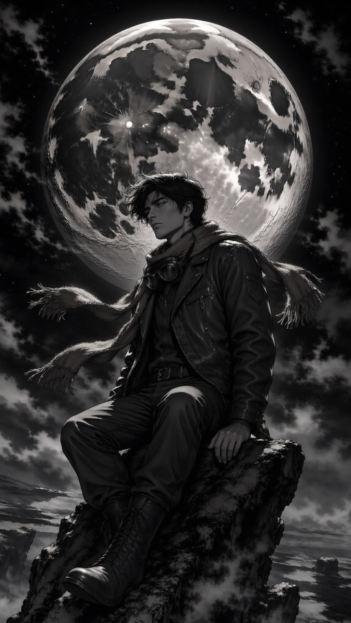 A young man wearing a leather jacket and scarf sits on a rock in front of a large full moon in a monochrome illustration.