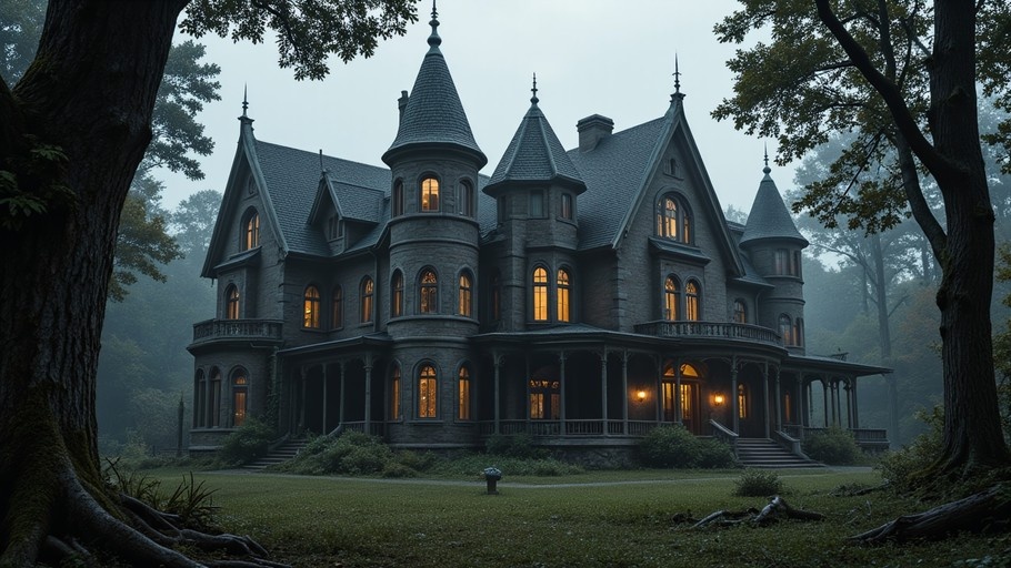 A large grey gothic mansion with glowing windows sits in a foggy forest surrounded by trees.