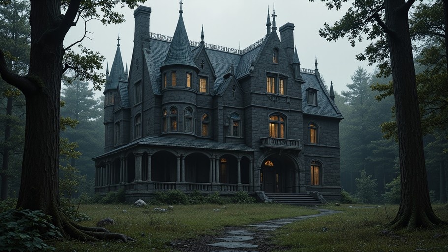 A large, dark stone mansion with pointed turrets and glowing windows is nestled in a misty forest, framed by trees with a path leading to the front porch.
