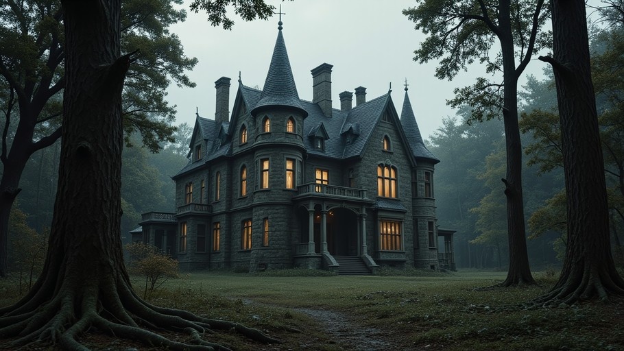 A large grey stone gothic mansion with glowing windows sits in a misty forest surrounded by tall trees.