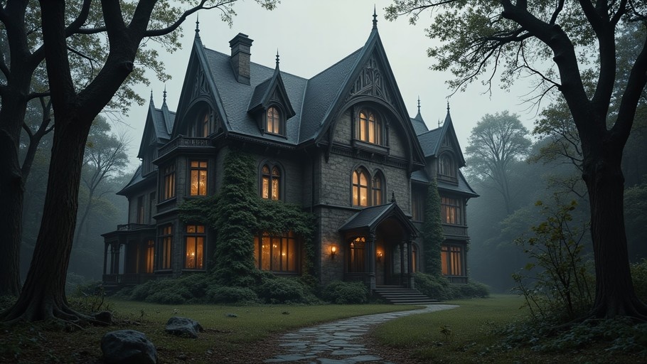 A large stone Gothic mansion with glowing windows and steep roofs stands in a foggy forest, approached by a winding stone path.