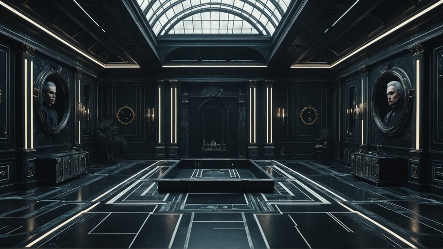 A dark, symmetrical hall with black marble floors and white geometric lines, featuring vertical light strips and two large portraits of a pale man with white hair under an arched window.