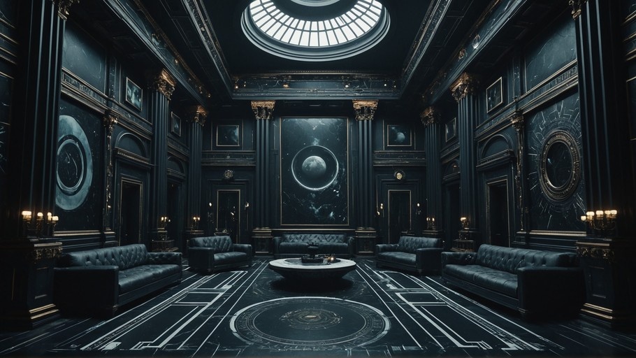 A grand dark blue marble hall with gold columns, leather sofas, and celestial artwork under a skylight