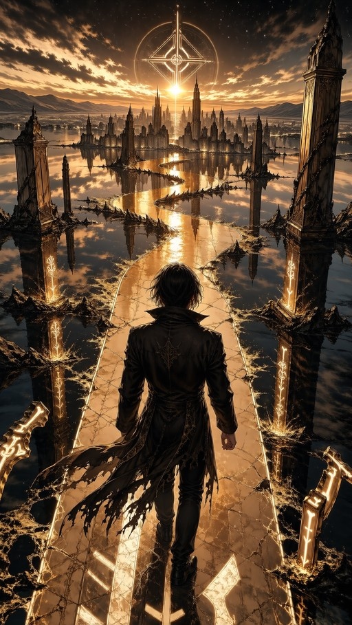 A lone male figure in a tattered black coat stands on cracked water, facing a distant golden fantasy city under a dramatic sky with a large geometric symbol.