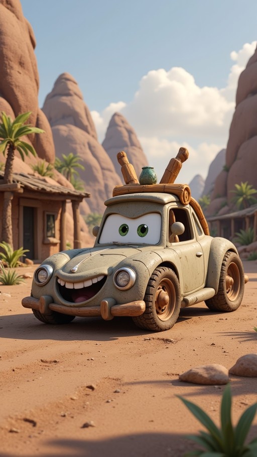 A beige anthropomorphic car with green eyes and wooden bumpers smiles in a desert town with red rocks and palm trees.