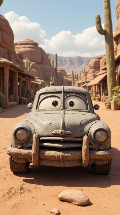 A grey vintage police car with large eyes stands on a dusty street in a desert town with cacti and adobe buildings, rendered in a claymation style.