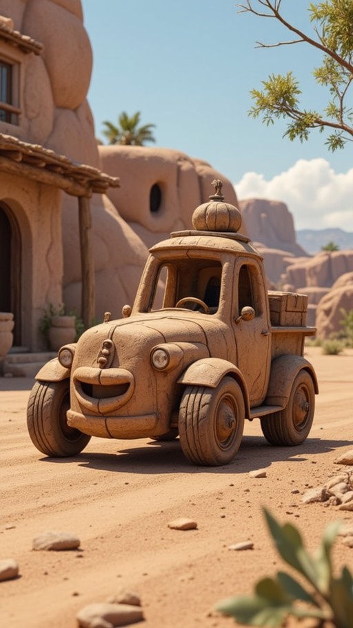 A claymation-style truck with a smiling face and a pumpkin on its roof drives through a desert village with adobe buildings.