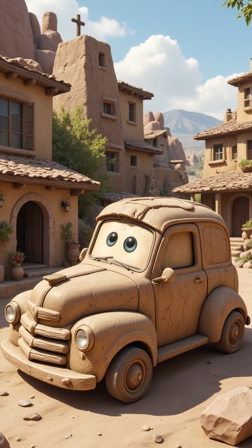 A beige claymation-style vintage car with large blue eyes parked on a dusty street in front of an adobe building with a cross.