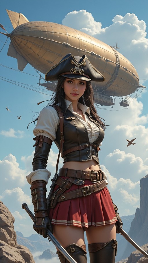 A female pirate captain in a tricorn hat and red pleated skirt holds two swords while standing before a large golden airship floating in the blue sky.