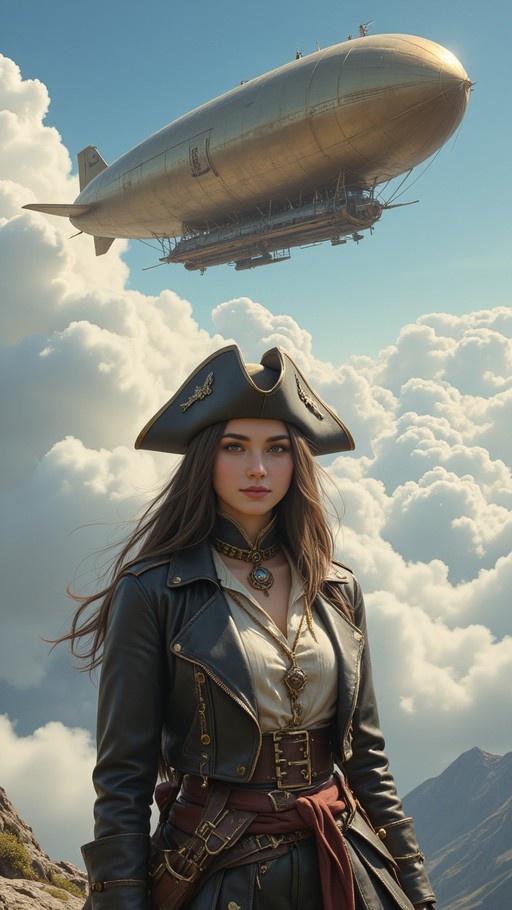 A woman dressed as a pirate captain stands under a large golden airship flying through cloudy skies.