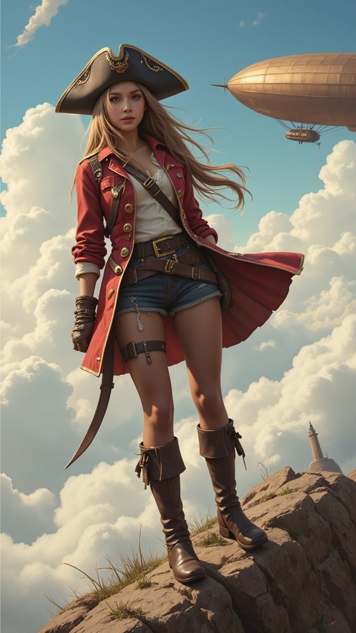 Full-body view of a blonde female pirate in a red coat and denim shorts standing on rocks with an airship in the sky.