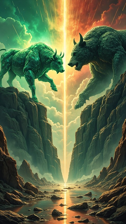 A colossal green bull and a massive dark bear stand on opposite cliff edges facing each other in a deep canyon, separated by a vertical beam of light under a split emerald and orange sky.