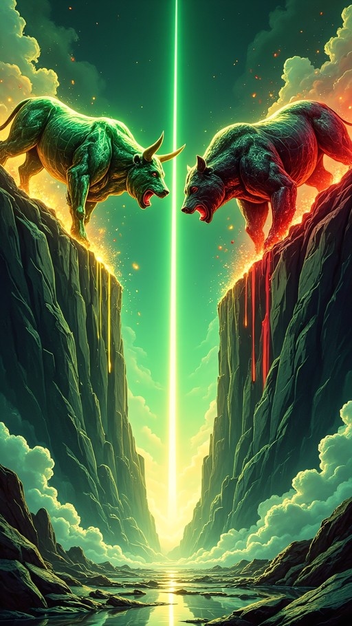 Two giant glowing bulls, one green and one red, stand on opposite cliffs in a canyon facing each other with mouths open. Lava drips down the rocks as a beam of light shines between them over water below.