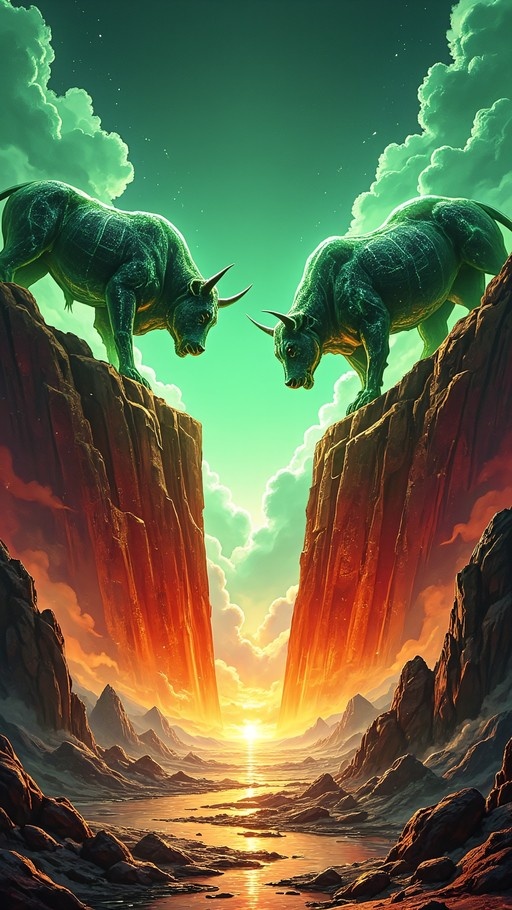 Two green horned beasts stand on opposing cliffs overlooking a canyon with water and a sunset under a green sky.